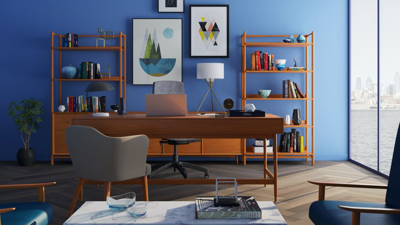 Fiyatlandırma brown wooden desk with rolling chair and shelves near window